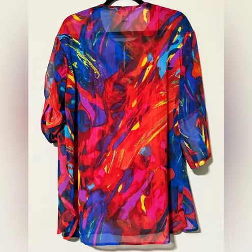 Peter Nygard  women's large multicolor roll sleeve tunic red beaded sheer light