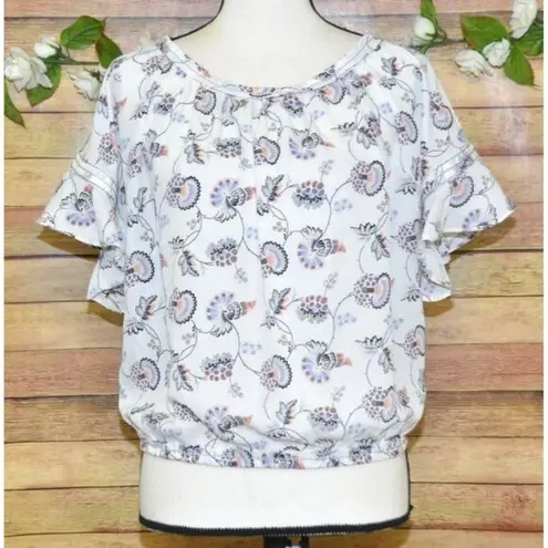 Max edition NWT Ladies Size M Chiffon Short Ruffle Sleeve Floral Top Blouse Elas