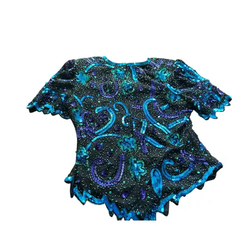 Vintage Lawrence Kazar Beaded Sequin Top Turquoise Purple Embellished Party Black Size L