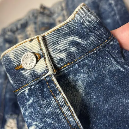 THRILL Thrashed Distressed Long Line Button Down Acid Wash Denim Jacket XL Blue