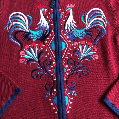 Bob Mackie  Wearable Art Full Zip Cardigan Burgundy Navy Embroidered ROOSTERS