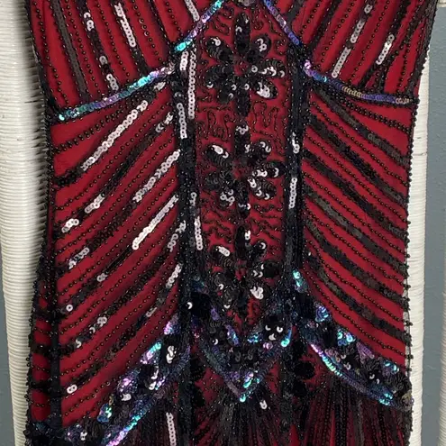 Unique Vintage Red Black Sequin Fringe Flapper Dress 1920s Gatsby Small