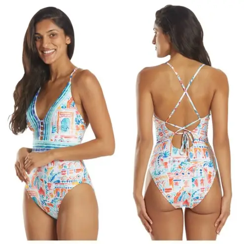 La Blanca ππ Terra Print Plunge Neck One-Piece Swimsuit ~ 10 Tera Italia NWT - Image 5