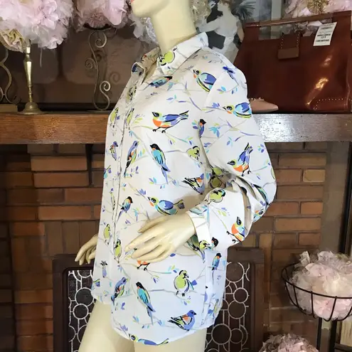 JM Collection GRAY AND MULTI-COLOR BIRD PRINT BUTTON DOWN BLOUSE (14P)