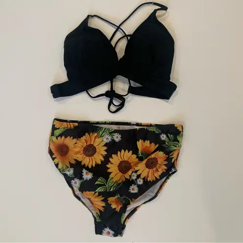 Maternity Two Piece Bikini Criss Cross Black Yellow Sunflower Swimsuit Small Size undefined
