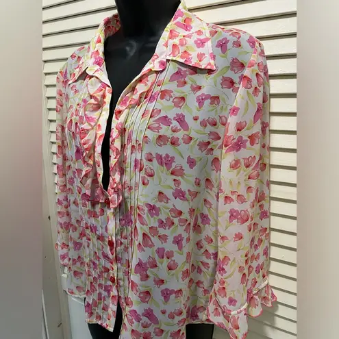 Byer Dress White/Pink/Green Floral Chiffon Pearl Button Up Blouse Size 12 Ruffle White