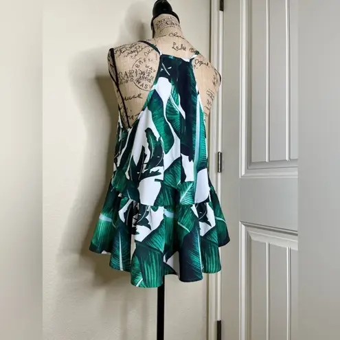 Tropical Palm Leaf Greens & White Print Tank Top Hi Lo Style w Ruffle Hem Sz L Size L