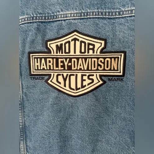 Harley Davidson Women Small Biker Bar Shield Crop Faded Light Blue Jean Jacket