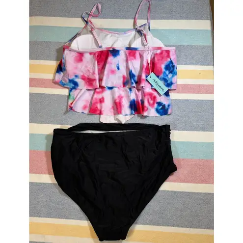 NWT, Adisputent, Tie Dye Ruffle Top & High Waisted Bikini Bottom Set, Sz XL Black