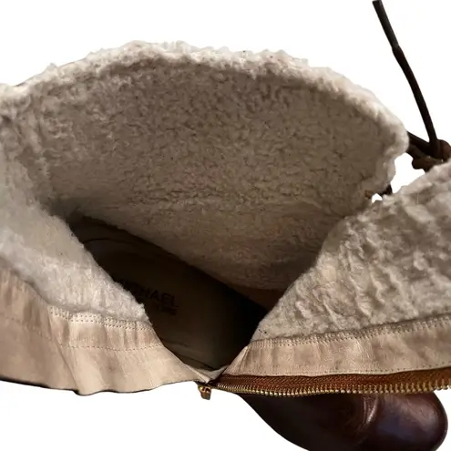 Michael Kors  Rory Shearling Wedge Lace-Up Ankle Boots Distressed Leather, Sz 11