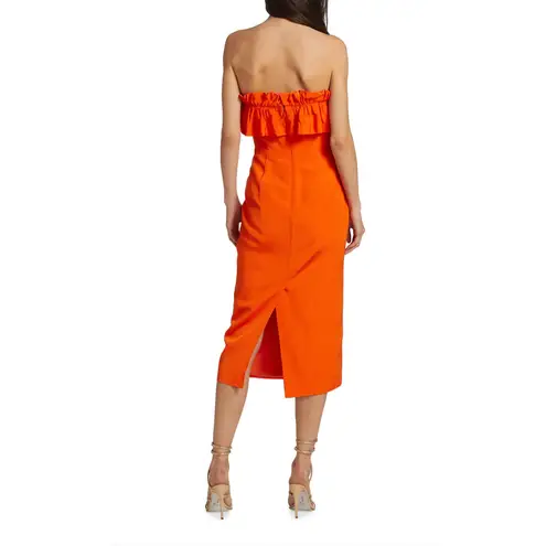Monique Lhuillier ML Ruffled Faille Red Orange Strapless Midi Dress Size 6