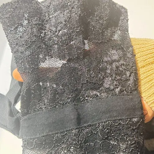 Karl Lagerfeld Paris Black Lace Blouse – Sheer Floral Top with Satin Ribbon Deta