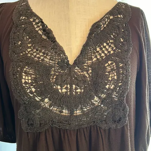 Dark brown crocheted lace bib front elbow puff sleeve top Size L