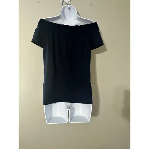 Drew ANTHROPOLOGIE Off Shoulder Top XS Navy Blue Smocked Neckline Short Sleeve