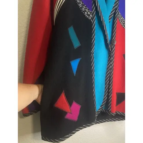 Vintage 90s Wool Color Block Coat L/XL Pop Wearable Art Geometric Pockets Bright Size L