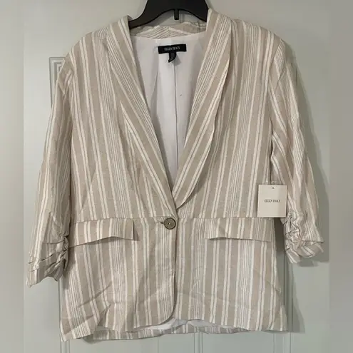 Ellen Tracy Linen Blend Striped Neutral 3/4 Sleeve Blazer Size Medium Coastal