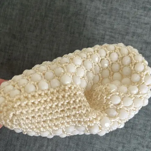 Vintage White and Gold Crochet Beaded Change Purse Bag