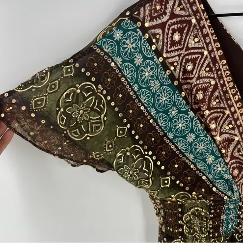 Rabbit Rabbit Rabbit Tribal Boho Printed Chiffon Batwing Asymmetrical Hem Dress Brown Size 8