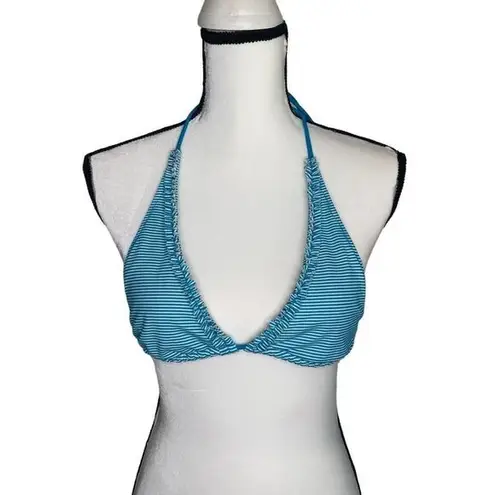 American Eagle  Ruffled Edge Striped Halter String Triangle Bikini Top Blue Small