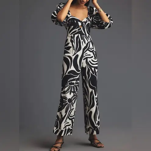 Farm Rio NWOT Anthropologie Puff-Sleeve Printed Linen Jumpsuit - black white - S