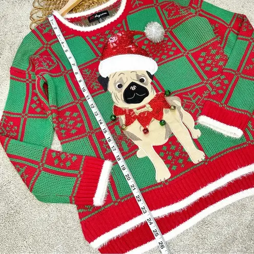 33 Degrees Plaid Pug Dog Puppy Bells Ugly Christmas Knit Sweater Red Green Size M