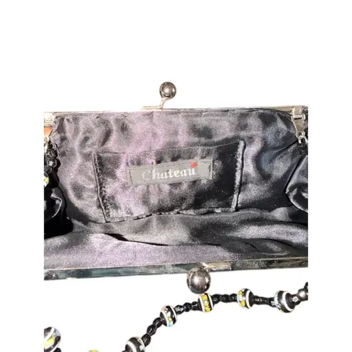 Chateau Black Satin Beaded Handle Clutch Purse Floral Embroidered Evening Bag