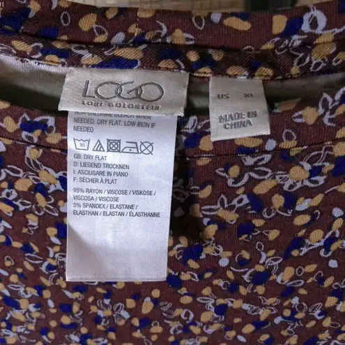 LOGO By Lori Goldstein LoGo Merlot Tunic with Blue and Gold Abstract Floral Print