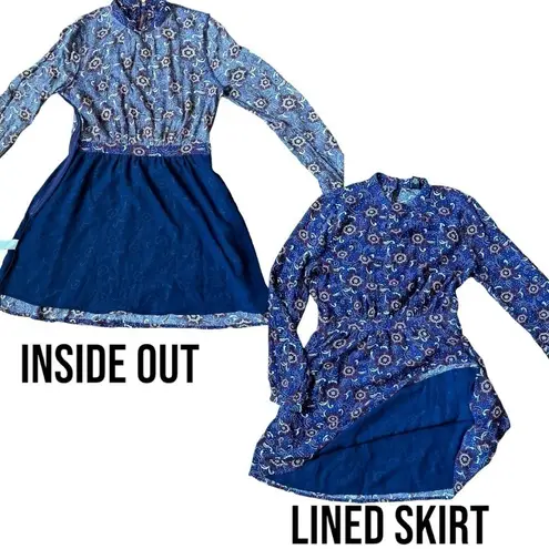 Forever 21  Blue Floral Flowy Long Sleeve Gold Buttoned Boho Mini Dress in Medium