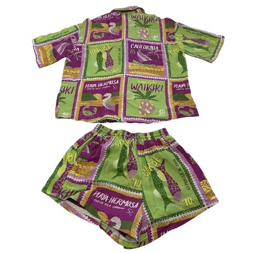 Seven Wonders Two Piece Set Womens XS Purple Green Hawaiian Aloha Shirt Shorts