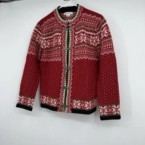 Susan Bristol VTG Cardigan Sweater S 100% Wool Red Nordic Fair Isle Knit