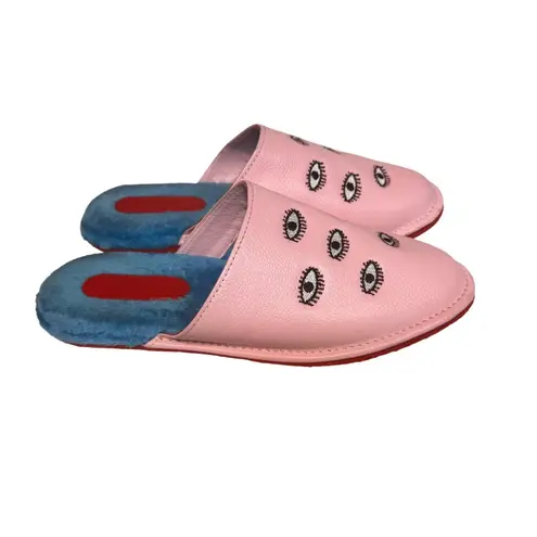 Min & Mon New York Leather Pink Eye Embroidered Slippers Blue Plush Lining 8