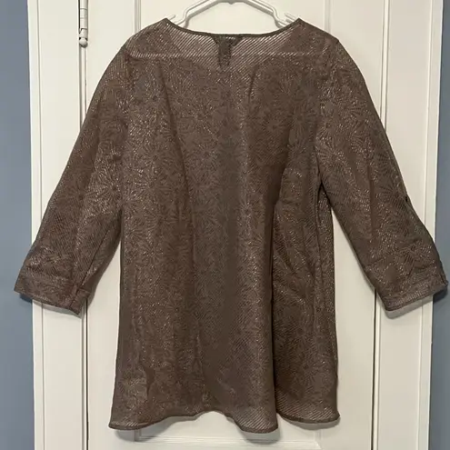 Ali Miles textured tunic top size large floral daisy print stripe sheer metallic Brown