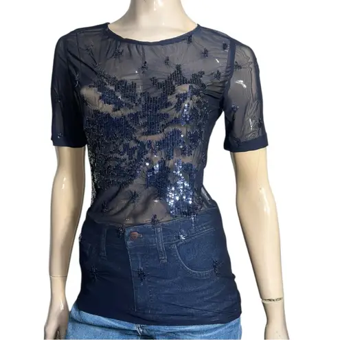 Rouge a Levres Women’s Size 44 M Navy Blue Sequin Embellished Mesh Sheer Top Size M