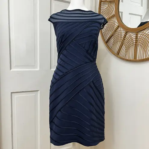 Tadashi Shoji Dress Sz M Navy Blue Bandage, Illusion Boat Neck, Event, Cocktail