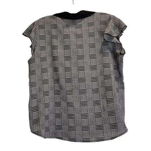 Miley + Molly Houndstooth Plaid Blouse Bow Tie Neck Academia Black White Large