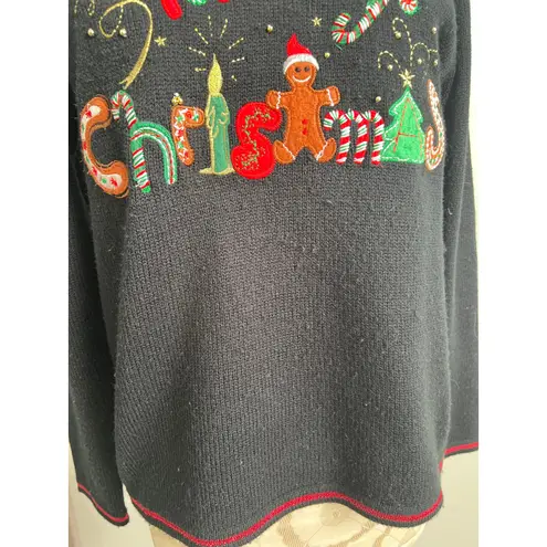 Merry Christmas Holiday Long Sleeve Pullover Sweater Small Black
