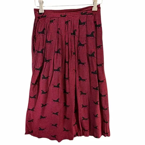 Vintage Lord & Taylor Skirt 4 Red Black Houndstooth Horse Pleated Equestrian 90s