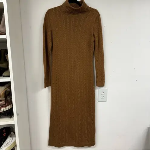 Peruvian Connection Brown Cable Knit Long Sleeve Midi Dress Mock Neck Womens S