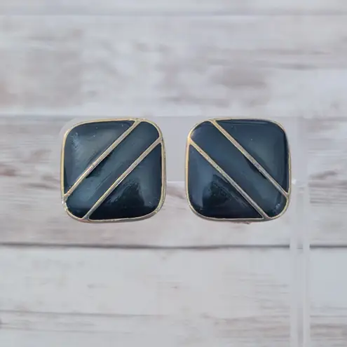 Vintage Clip On Earrings Dark Green & Gold Tone Retro Statement