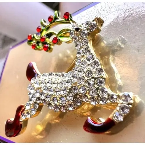 Reindeer Brooch Pin Rudolph Christmas Eve New Crystal Accents Santa Nort… Gold