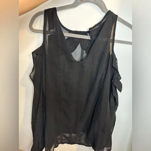 Cold Shoulder Ruffle Blouse Black Sheer Embroidery Elegant Sleeveless Top