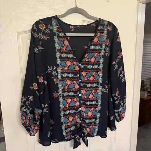 West Kei Floral Navy Blouse with Tie Front