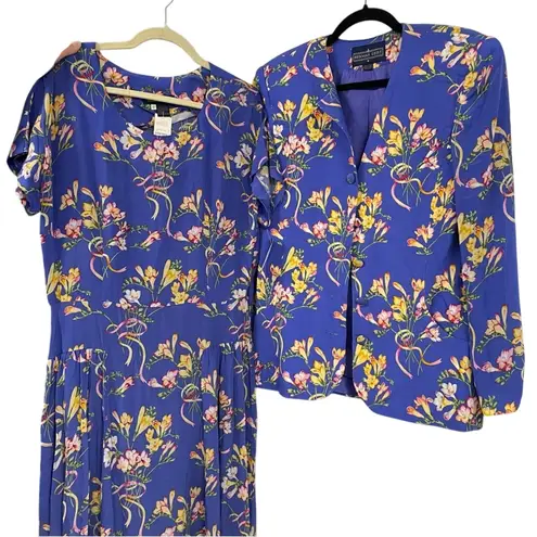 Vintage Herman Geist Blue Floral Print Blazer & Maxi Dress 2 Piece Matching Set Size 8