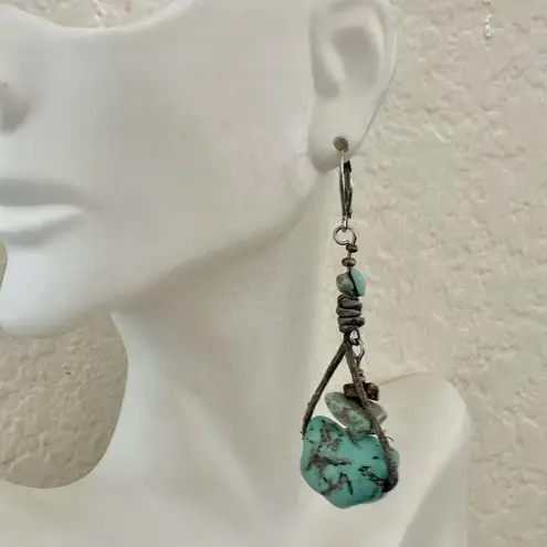 Chunky Turquoise Nugget & Tiger’s Eye Earrings – Rustic Leather Boho Dangles
