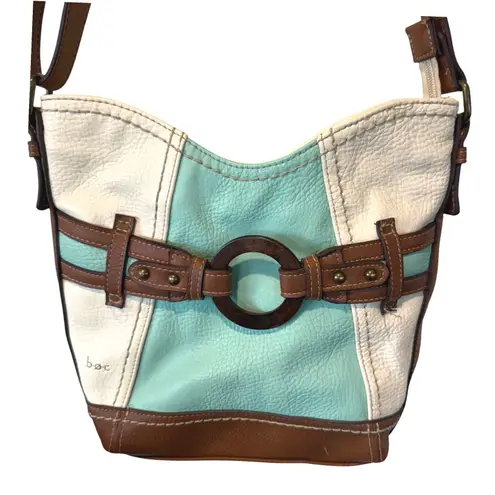 BOC Brown & Blue Faux Leather Crossbody Bag Purse Circle Accent