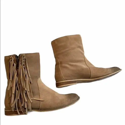 Encore “Journey” Suede Fringe Booties, Sz 8