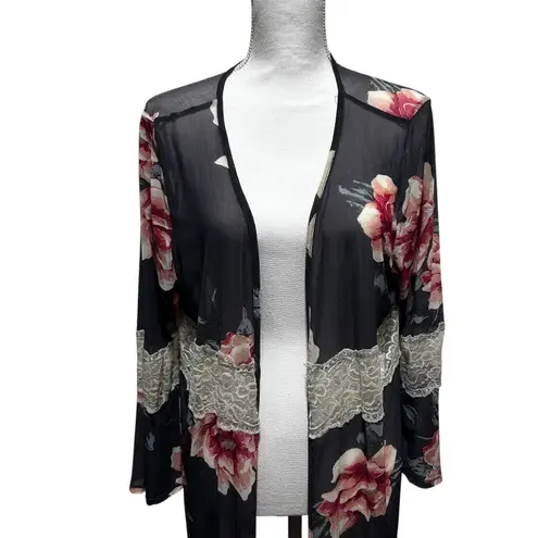 Sweet Rain 2X Sheer Floral Lace Trim Kimono Cardigan Black Pink Boho Romantic