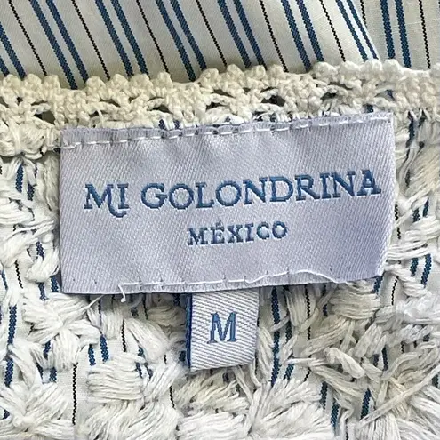 Mi Golondrina Flores Embroidered Blouse White Blue Stripe Size Medium EUC