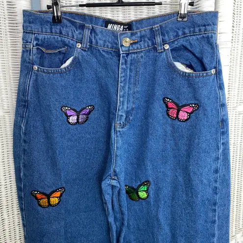 Minga London Butterfly Embroidered High Waist Straight Leg Jeans Y2K 32 US 8 Blue