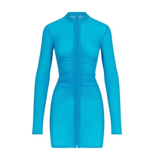 SKIMS NTW / Mesh cover up long sleeve ruched dress - Blue Turquoise